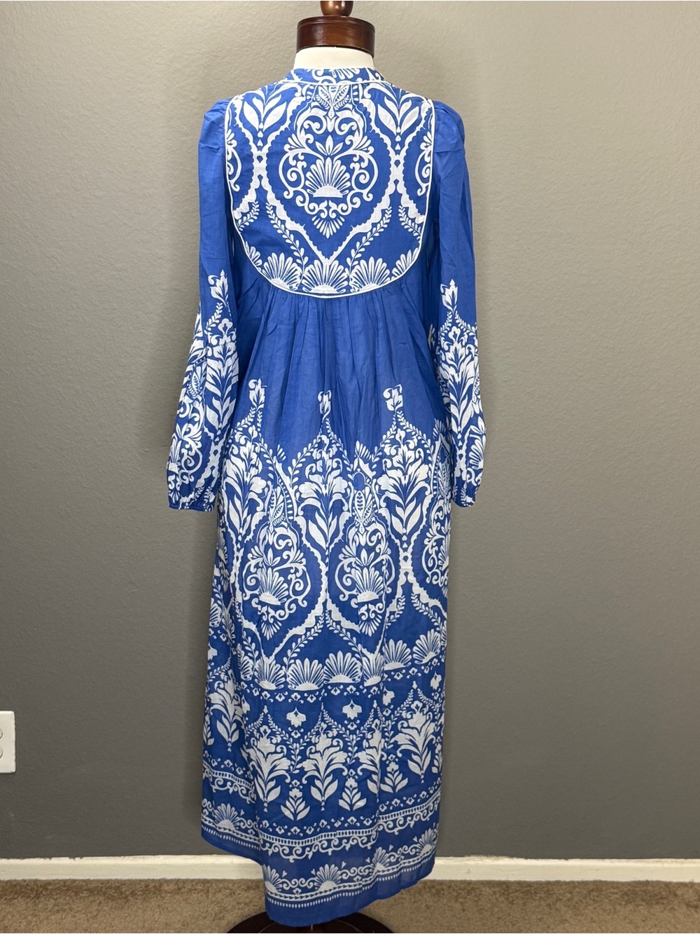 Boden NWT Blue White Boho Tie Neck Kaftan Dress Sz 2 Vacation Wedding Guest - Picture 10 of 15